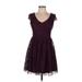 Xhilaration Casual Dress - Fit & Flare V Neck Short Sleeve: Burgundy Solid Dresses - Women's Size Medium