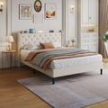 Wrought Studio™ Bed Frame w/ Storage Headboard & Led Light, Upholstered Bed Frame Withusb Ports Upholstered, Linen in Brown | Queen | Wayfair