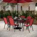 Red Barrel Studio® Bismack Commercial 7 Pc Outdoor Patio Dining Set w/ Glass Table & 6 Chairs Glass/Metal in Red/Black | 59 W x 35 D in | Wayfair