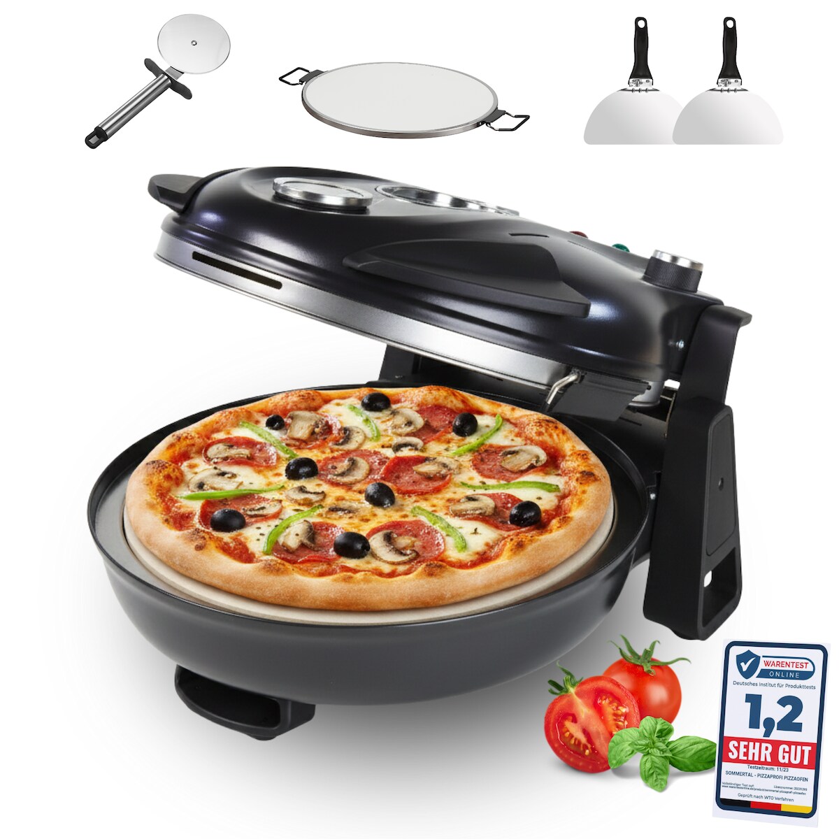 Sommertal PizzaProfi Pizzaofen, 32cm Pizzastein, schnelle 3-Minuten Pizza, 5-teiliges Set mit 2x Pizzaschieber, Pizzaschneider Image