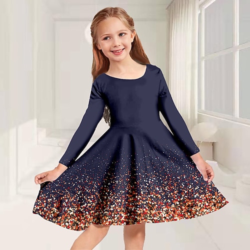 Kinder Wenig Mädchen Kleid Regenbogen Einhorn Tier A Linie Kleid Täglich Festtage Urlaub Bedruckt Marineblau Übers Knie Langarm Casual nette Art Süß Kleider Herbst Frühling Regular Fit 3-10 Jahre Image