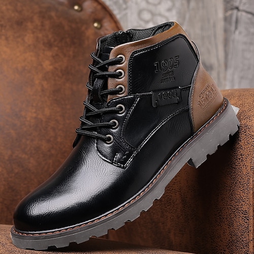 Herrenstiefelette aus braunem Kunstleder – robuster Arbeitsstiefel mit Schnürung und rutschfester Sohle für Outdoor Freizeit Image