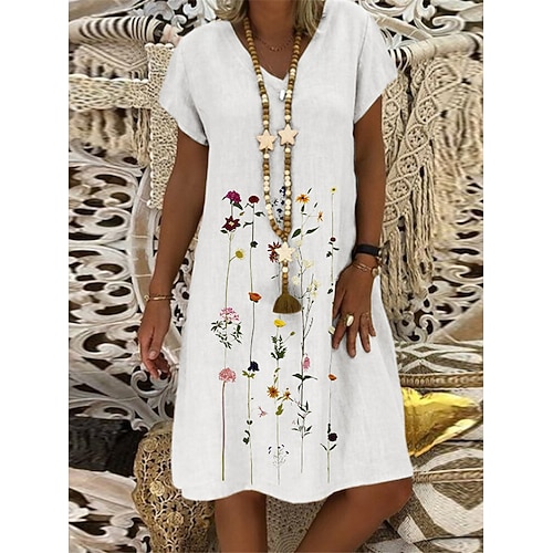 Damen Midikleid Kunstbaumwollleinen Shiftkleid Weißes Kleid Modern Täglich Wochenende Lässiger Schnitt Blumen Kurzarm V Ausschnitt Blau Weiß Purpur Grün Sommer Frühling Image