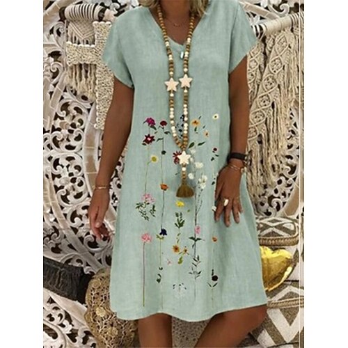 Damen Midikleid Kunstbaumwollleinen Shiftkleid Weißes Kleid Modern Täglich Wochenende Lässiger Schnitt Blumen Kurzarm V Ausschnitt Blau Weiß Purpur Grün Sommer Frühling Image
