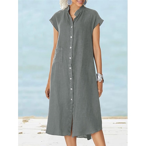 Damen Midikleid Hemdblusenkleid Kaftan Kleid Baumwoll-Leinen-Kleider Freizeitkleid Basic Modern Täglich Wochenende Lässiger Schnitt Einfach Kurzarm Stehkragen Schwarz Weiß Wein Marineblau Sommer Image