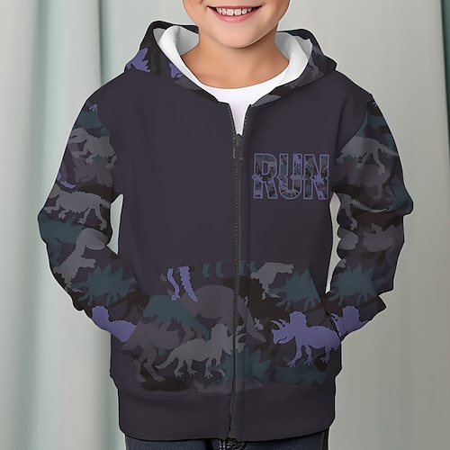 Jungen 3D Dinosaurier Buchstabe Kapuzenshirt Mantel Oberbekleidung Langarm 3D-Druck Herbst Winter Modisch Strassenmode Cool kinderkleidung 3-12 Jahre Outdoor Casual Täglich Regular Fit Image