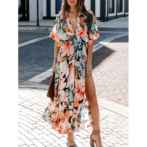 Damen kleid lang Casual kleid Schaukelkleid A Linie Kleid Sommerkleid Strassenmode A-Linie Urlaub Strasse Festtage Regular Fit Blumen Kurzarm V Ausschnitt Gelb Rote Blau Orange Sommer Image
