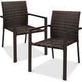 Set of 2 Stackable Outdoor Wicker Dining Chairs All-Weather Firepit Armchair w/Armrests Steel Frame for Patio Deck Garden Yard - Brown