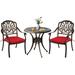 Haverchair 3 Piece Bistro Set Outdoor Cast Aluminum Patio Dining Set Table and Chairs Outside Bistro Furniture 2 Chairs with Red Cushions and 1 Umbrella Table for Lawn Garden