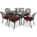 VIVIJASON 7-Piece Outdoor Furniture Dining Set All-Weather Cast Aluminum Patio Conversation Set Include 6 Cushioned Chairs and a Rectangle Table with Umbrella Hole for Balcony Backyard Red Cushion