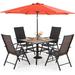 & William Outdoor 6 Pieces Dining Set with 4 Rattan Chairs 1 Wood-Like Metal Table and 1 10ft 3 Tier Auto-tilt Umbrella(No Base) Red Modern Patio Furniture for Poolside Porch Pati