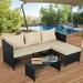 3-Piece Outdoor PE Rattan Furniture Set Patio Black Wicker Conversation Loveseat Sofa Sectional Couch Khaki Cushion