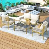 4-Piece Rope Patio Furniture Set Outdoor Furniture with Tempered Glass Table Patio Conversation Set Deep Seating with Thick Cushion for Backyard Porch Balcony (Beige&Mustard Yellow)