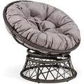 GEROBOOM Comfy Rattan Wicker Papasan Circle Chair Living Room Chair Swivel Saucer Ideal for Patio Bedroom Living Room Indoor and Outdoor Grey Frame with Black Cushion