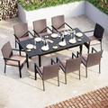 & William Outdoor Patio 7 Pieces Dining Set with 6 PE Rattan Chairs and 1 Rectangle Expandable Metal Table Modern Outdoor Furniture with Seat Cushions for Poolside Porch Patio Bal