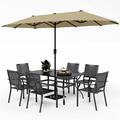 VILLA Outdoor 10ft Patio Umbrella Set for 4 with 5 Pieces Dining Table Chairs Metal Outdoor Stackable Wrought Iron Chair Set of 4 & 37 Metal Table 3 Tier Vented Dark Blue Umbrel