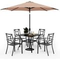 VILLA 5 Piece Patio Dining Set with 10ft Umbrella 37 Square Metal Dining Table & 4 Stacking Metal Chair with 3 Tier Navy Umbrella for Outdoor Deck Yard Porch