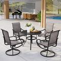 5 Pieces Outdoor Dining Set 4 Sling Dining Swivel Chairs and 48 Round Metal Wood Grain Table with 2 Umbrella Hole Furniture Sets for Lawn Backyard Garden