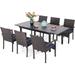 & William Outdoor Patio 7 Pieces Dining Set with 6 PE Rattan Chairs and 1 Rectangle Expandable Metal Table Modern Outdoor Furniture with Seat Cushions for Poolside Porch Patio Bal