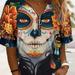 Plus Size Halloween Casual Top Women s Plus Cartoon Figure Print Bubble Sleeve V Neck Slight Stretch Zipper Top