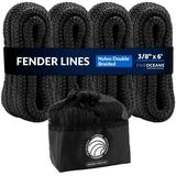 Five Oceans 4-Pack 3/8 x 6 Boat Fender Lines with 5 Eyelet Boat Ropes for Docking with Loop Marine-Grade Black Premium Nylon Double Braided Boat Rope - FO4698