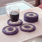 Wine Aura,'Set of Six Handwoven Round Purple Natural Fiber Coasters'