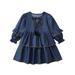 Musuos Little Girl Blue Ruched Dress Long Sleeve Tie-up A-Line Princess Party Dresses