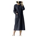 EVANEM Women'S Linen Dress Vintage Navy Blue Long Swimsuit Cover Up Elegant Crew Neck Homewear Kaftan Dressing Gowns Beachwear With Pocket Bathing Robe Beach Dress,3Xl