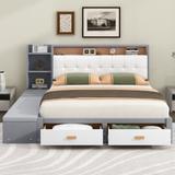 Modern Wood Queen Size Low Profile Platform Bed with Upholstery Headboard, Storage Shelves & Drawers, Side Storage Benches