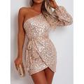 Mini robe Femme robe paillette manche longue Eté Printemps Automne - Soirée Paillettes Cordon Brillant Plein Une Epaule Saint Valentin Vacances Beige S M L XL