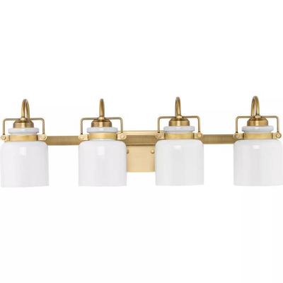 Progress Lighting 267415 - 4 Light 120 volt Vintage Brass Vanity Opal Glass Bell Light Fixture (FOUR-LIGHT FARMHOUSE VINTAGE BRASS BATH LIGHT (P300441-163))