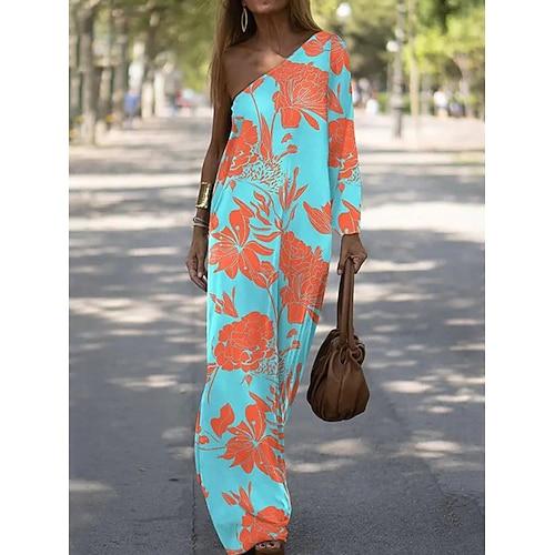Damen kleid lang Casual kleid Kleid drucken Blumen Geometrisch Modisch Strassenmode Outdoor Festtage Ausgehen Bedruckt Langarm Ein-Schulter Kleid Schlank Armeegrün Blau Orange Sommer Frühling S M L XL