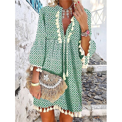 Damen Minikleid Casual kleid Langärmliges Boho-Kleid Sommerkleid Boho-Kleid Böhmen Ethnisch Urlaub Festtage Lockere Passform Blumen Geometrisch Farbblock Gespaltener Hals Weiß Rote Marineblau Fuchsie Image
