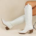 Women's Boots Biker boots Cowboy Boots Plus Size Outdoor Daily Solid Color Embroidered Knee High Boots Winter Block Heel Chunky Heel Round Toe Vintage Casual Minimalism Faux Leather PU Zipper White