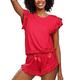 DKaren Damen Schlafanzug Set Lulu M - Zweiteiler Damen Pyjama - Loungewear mit Kurzen Ärmeln und Shorts - Nachtwäsche Damen mit Tasche und Rüschen - Pjama Set Kurz Rot