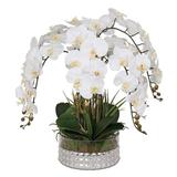 F-145 Real Touch White Orchid Flower Arrangement in Round Silver Glass Bowl - 24W x 24D x 20H