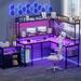 Inbox Zero Laveeza 48" L Shaped Desk w/ Hutch, Power Outlets, LED Lights, Storage & Monitor Stand Wood/Metal in Black | Wayfair