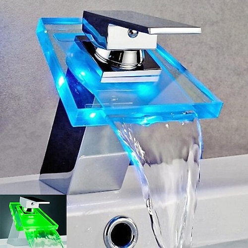 rubinetto miscelatore lavabo bagno a cascata cromato, luci rubinetto a led che cambiano colore alimentato a batteria, rubinetti lavabo monocomando monoforo, rubinetto bagno in ottone con beccuccio in vetro