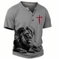 Graphic Lion Cross Retro Vintage Casual Men's 3D Print T shirt Tee Henley Shirt Sports Outdoor Holiday Going out T shirt Blue Sky Blue Khaki Short Sleeve Henley Shirt Spring Summer Clothing Apparel