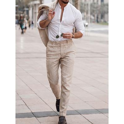 Men's Wedding Linen Linen Suits Dark Blue Beige Lightweight Casual Solid Colored Tailored Fit 2 Piece Single Breasted One-button