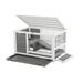 Rabbit Hutch Freestanding Bunny Cage with Plastic Trays and Open Roof 35.4 Wooden Outdoor Rabbit Guinea Pig Cage with Sliding Ramp and Gridding Fence for Garden Backyard Patio Indoor Gray