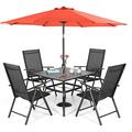 & William Outdoor 6 Pieces Dining Set with 4 Rattan Chairs 1 Metal Table and 1 10ft 3 Tier Auto-tilt Umbrella(No Base) Orange Red Modern Patio Furniture for Poolside Porch Patio