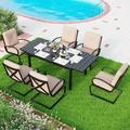 Perfect 7PCS Outdoor Patio Dining Set 6 Spring Motion Chairs with Cushion 1 Rectangular Expandable Table Porch Lawn Backyard Garden Furniture Sets Beige