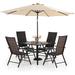 Perfect & William Outdoor 6 Pieces Dining Set with 4 Rattan Chairs 1 Metal Table and 1 10ft 3 Tier Auto-tilt Umbrella(No Base) Orange Red Modern Patio Furniture for Poolside Porch