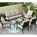 Perfect VILLA 4 Piece Patio Conversation Sets Outdoor Deluxe Metal Furniture Patio Set with 3 Seater Padded Deep Seating Bench 2 Swivel Cushioned Armrest Sofa Chairs and 1 Good-Looking