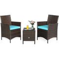 3 Pieces Patio Rattan Furniture Set with Glass Coffee Table & Cushions Outdoor Conversation Set for Poolside Balcony Backyard Lawn Porch 3 Pieces PE Rattan Patio Set (Turquoise)