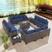 8PCS Outdoor Patio Furniture Set with 43 55000BTU Gas Propane Fire Pit Table PE Wicker Rattan Sectional Sofa Patio Conversation Sets Navy Blue