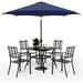 VILLA 5 Piece Outdoor Dining Set with 10ft Umbrella 37 Square Metal Dining Table & 4 Stacking Metal Chair with 3 Tier Beige Umbrella for Patio Deck Yard Porch