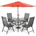 Perfect & William Outdoor 6 Pieces Dining Set with 4 Rattan Chairs 1 Metal Table and 1 10ft 3 Tier Auto-tilt Umbrella(No Base) Orange Red Modern Patio Furniture for Poolside Porch