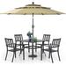 Perfect VILLA 5 Piece Outdoor Dining Set with 10ft Umbrella 37 Square Metal Dining Table & 4 Stacking Metal Chair with 3 Tier Beige Umbrella for Patio Deck Yard Porch